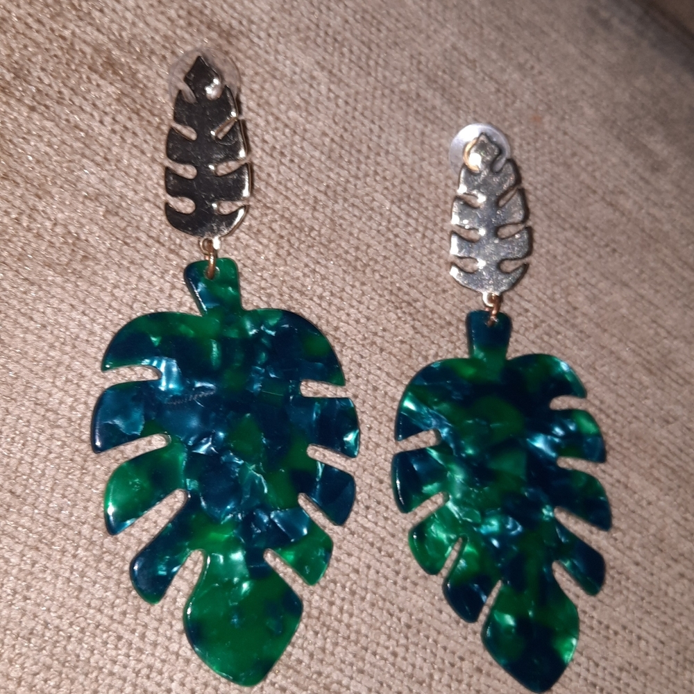 Acrylic and Gold Plated Leaf Green and Blue Tortoise Dangle Earrings